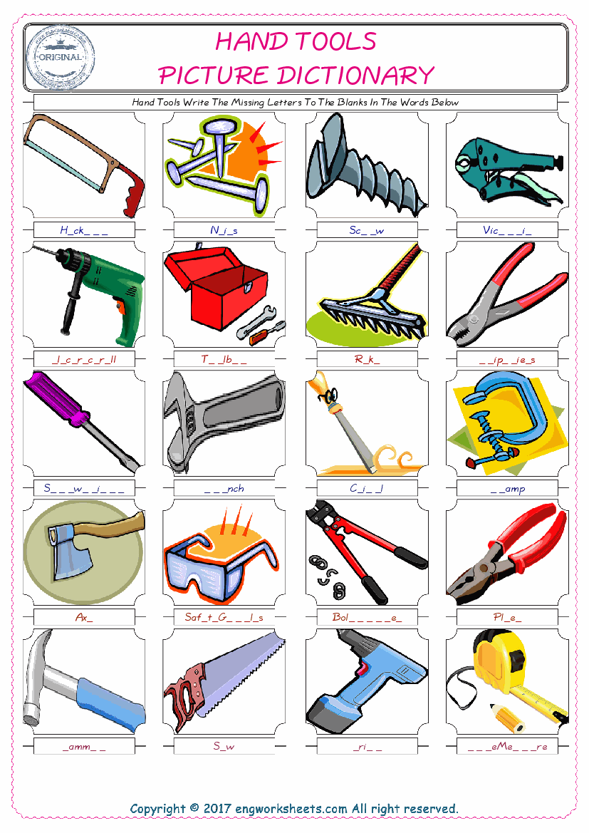  Hand Tools Words English worksheets For kids, the ESL Worksheet for finding and typing the missing letters of Hand Tools Words 